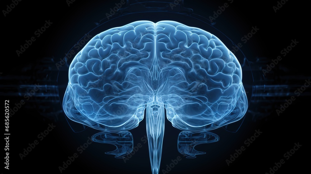 Obraz premium Blue-toned brain x-ray on dark background, A radiological insight into brain health and anatomy for medical diagnostics and neuroscientific research 