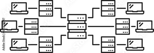 CDN. Content delivery network icon. Website storage and backup server, web database administration and media publishing system, CDN outline vector symbol with server and computers network