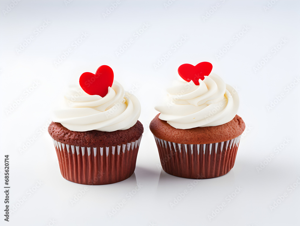 Chocolate cupcakes with white buttercream and red hearts on top, white background 