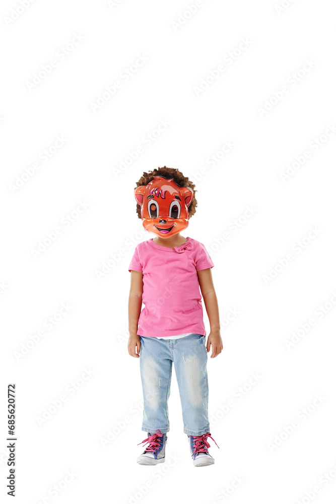 Portrait of child, animal mask and isolated on transparent png background with cute halloween costume. Small girl with playful cartoon character cosplay for kindergarten party, carnival or festival. Portrait of child, animal mask and isolated on transparent png background with cute halloween costume. Small girl with playful cartoon character cosplay for kindergarten party, carnival or festival.