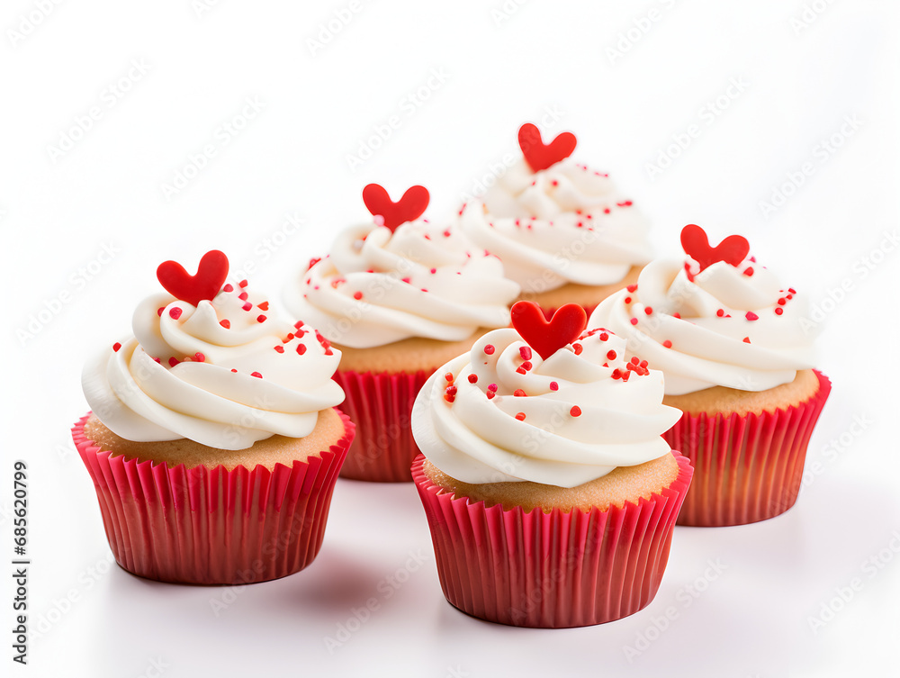 Vanilla cupcakes with white buttercream and red hearts on top, white background 