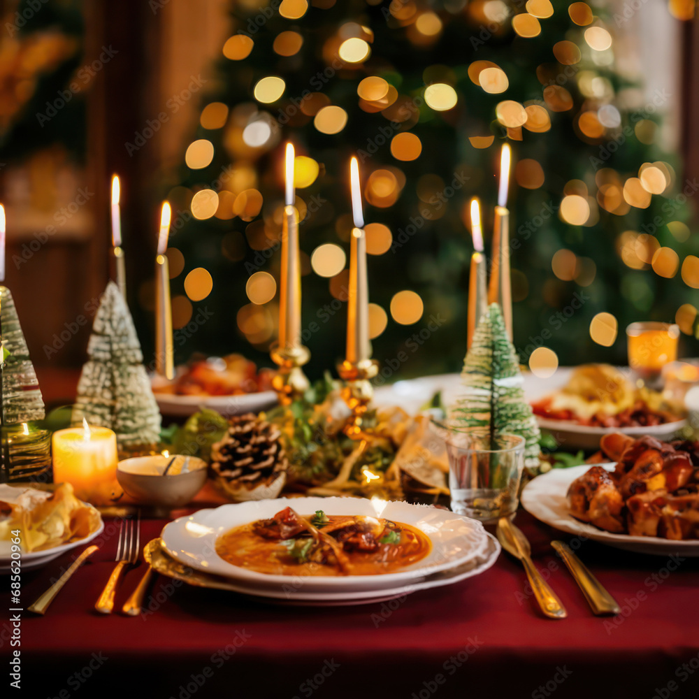 Christmas table in defocused bokeh fair lights background generated by AI