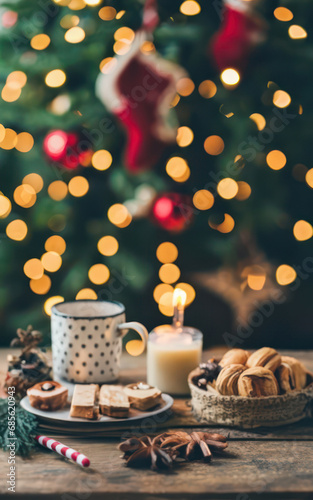 Christmas dinner table with sweets in defocused bokeh fair lights background generated by AI