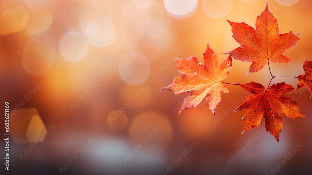 Autumn Elegance End-of-Year Web Banner with Red and Yellow Maple Leaves, Soft Focus Light, and Bokeh Background.
