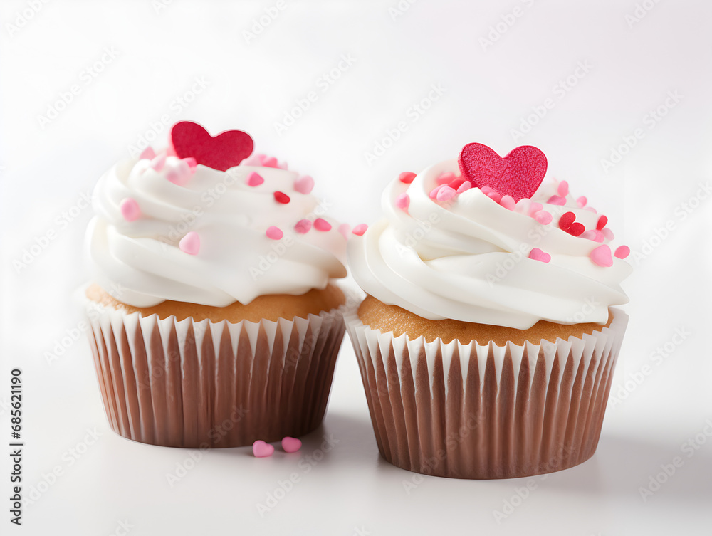 Sweet cupcakes with white buttercream and pink hearts on top, white background 