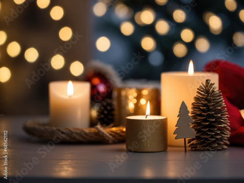 Winter christmas background with candles and cute home decor details generated by AI