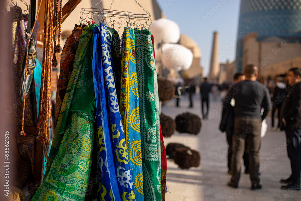beautiful handmade clothes selling in the streets of historical place, Khiva, the Khoresm agricultural oasis, Citadel.