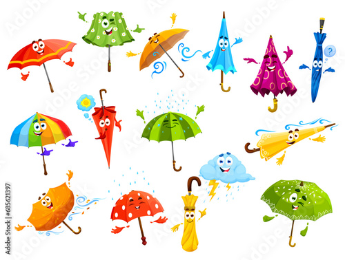 Cartoon umbrella characters with face and cute funny happy smile, vector emoticons. Cartoon umbrella emoji under rain weather and storm cloud, cute rainbow parasol in wind hurricane with thumb up