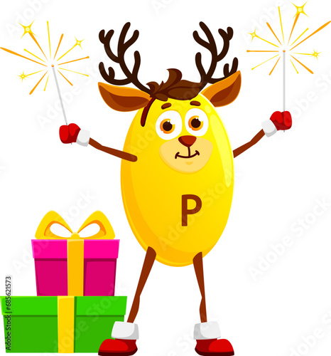 Cartoon Phosphorus mineral in Christmas reindeer hat with gifts and sparklers. vector character. Winter holiday, happy Phosphorus mineral or funny F micronutrient pill with reindeer antlers hat