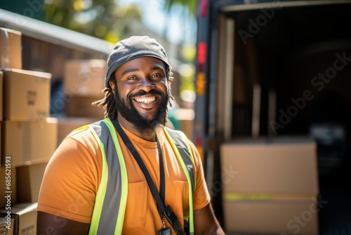 Close-up portrait of a male courier with cardboard boxes on a city street. Confident positive African American young man delivering a package to a customer. Logistics and delivery concept.