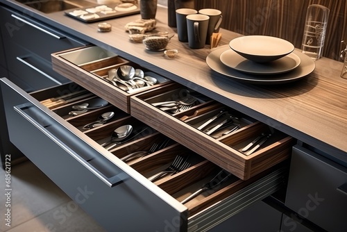 Close-up of an open drawer in a modern minimalist kitchen with walnut cabinets and countertops. Utensils on the countertop. Cutlery in trays. A set of cutlery trays in a kitchen drawer. photo