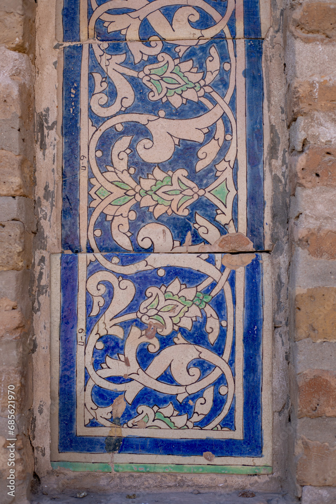 old historical marble and tile in the walls of building, Khiva, the Khoresm agricultural oasis, Citadel.