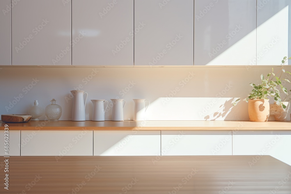 kitchen in Scandinavian style, bright, atmospheric, with shelves on the wall and dishes. kitchen in Scandinavian style, bright, atmospheric, with shelves on the wall and dishes.