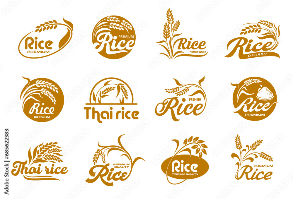 Rice icons, organic grain food and farm plant seeds package label, vector brown symbols. Natural rice product packaging icons with Thai rice ear on field for premium quality food products and cereals - obrazy, fototapety, plakaty 