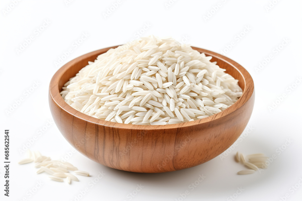 Rice grains in a wooden bowl on a white background. Generated by artificial intelligence Rice grains in a wooden bowl on a white background. Generated by artificial intelligence