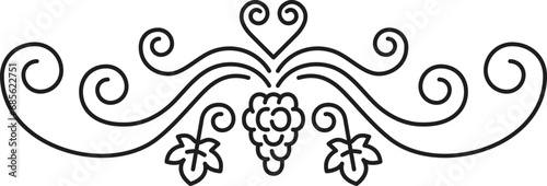 Grapevine wine outline decor and ornament isolated thin line icon. Vector grape bunches and swirls, floral decorative border, winery products