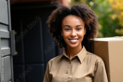 Close-up portrait of a female courier with a cardboard box at the customer's door. Positive African American young woman delivering a package to a customer. Logistics and delivery concept