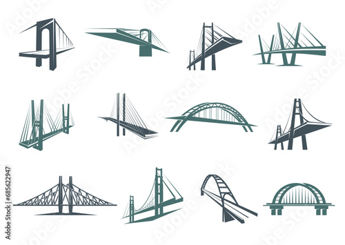 Bridge icons, vector city constructions of suspension, tied arch and cable stayed road bridges with towers, stone and metal girders. Urban architecture, bridge building and transportation symbols