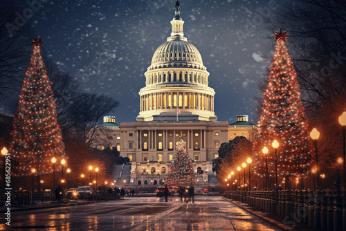  Capitol building with a Christmas tree in the foreground. Suitable for holiday-themed designs, travel brochures, festive greeting cards, and patriotic promotions.christmas tree in washington