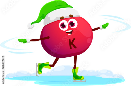 Cartoon vitamin K character on ice skates on rink for Christmas winter holiday, vector micronutrient. Christmas or New Year funny character of vitamin K emoji emoticon skating on ice rink in Satna hat