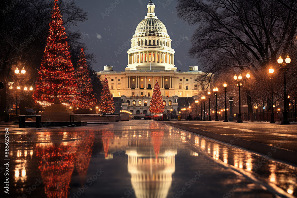  Capitol building with a Christmas tree in the foreground. Suitable for holiday-themed designs, travel brochures, festive greeting cards, and patriotic promotions.christmas tree in washington