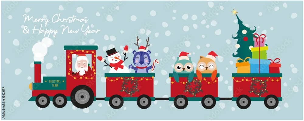 christmas greeting card banner, poster, cover with train