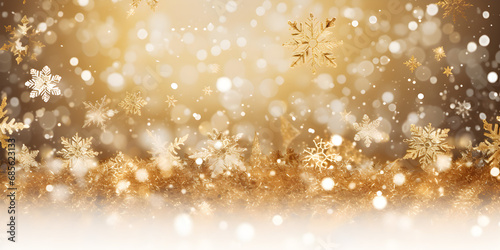 Christmas golden background with snowflakes and bokeh lights,Golden Festivities: Christmas Background with Snowflakes and Bokeh Lights