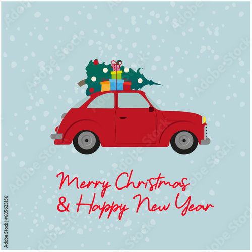 christmas card with car  greeting banner  cover