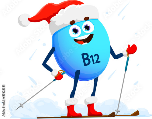 Christmas cartoon vitamin B12 character on ski for winter holiday, vector micronutrient pill. Happy healthy vitamin B12 in Santa hat on winter sport skiing in snow for Christmas or New Year emoji