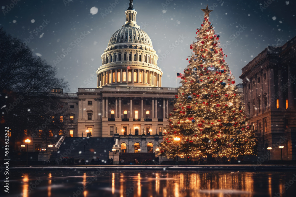  Capitol building with a Christmas tree in the foreground. Suitable for holiday-themed designs, travel brochures, festive greeting cards, and patriotic promotions.christmas tree in washington - obrazy, fototapety, plakaty 