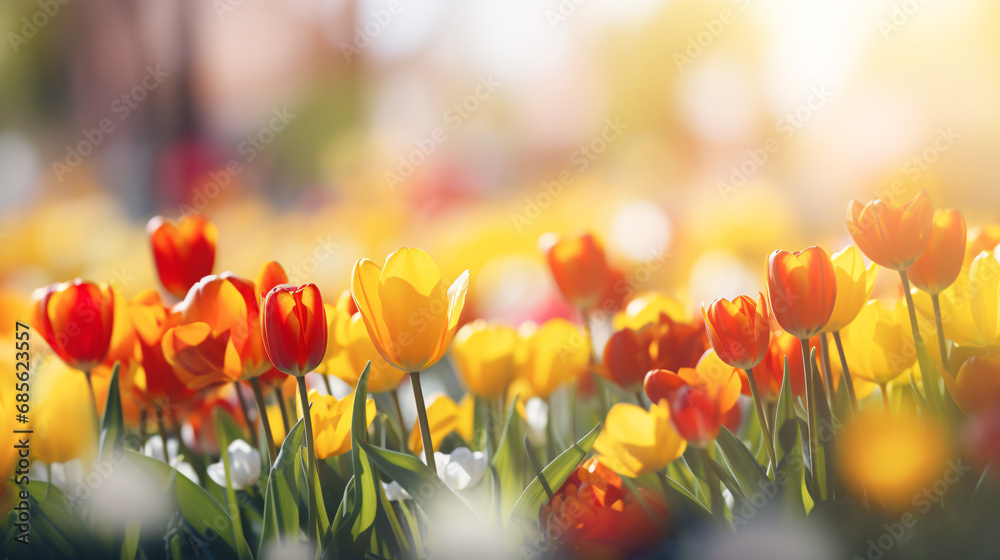 Tulip Bloom Year-End Festivities Web Banner with Red and Yellow Tulips, Soft Focus Light, and Bokeh Background. Tulip Bloom Year-End Festivities Web Banner with Red and Yellow Tulips, Soft Focus Light, and Bokeh Background.