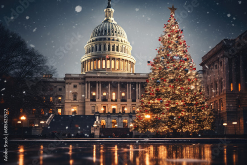  Capitol building with a Christmas tree in the foreground. Suitable for holiday-themed designs, travel brochures, festive greeting cards, and patriotic promotions.christmas tree in washington photo