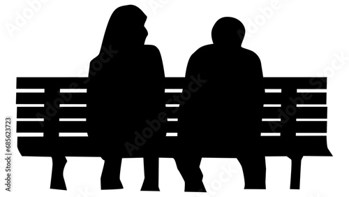 Silhouettes of man and a woman sitting on bench isolated on white background. Clipart.