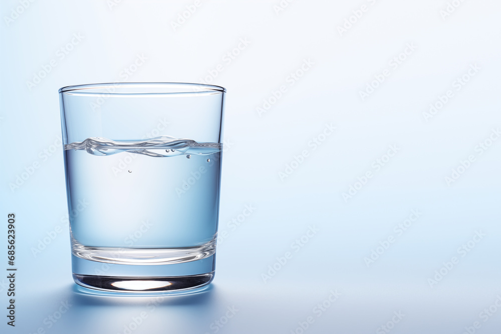 A clear glass of water in close-up on a blue background A clear glass of water in close-up on a blue background