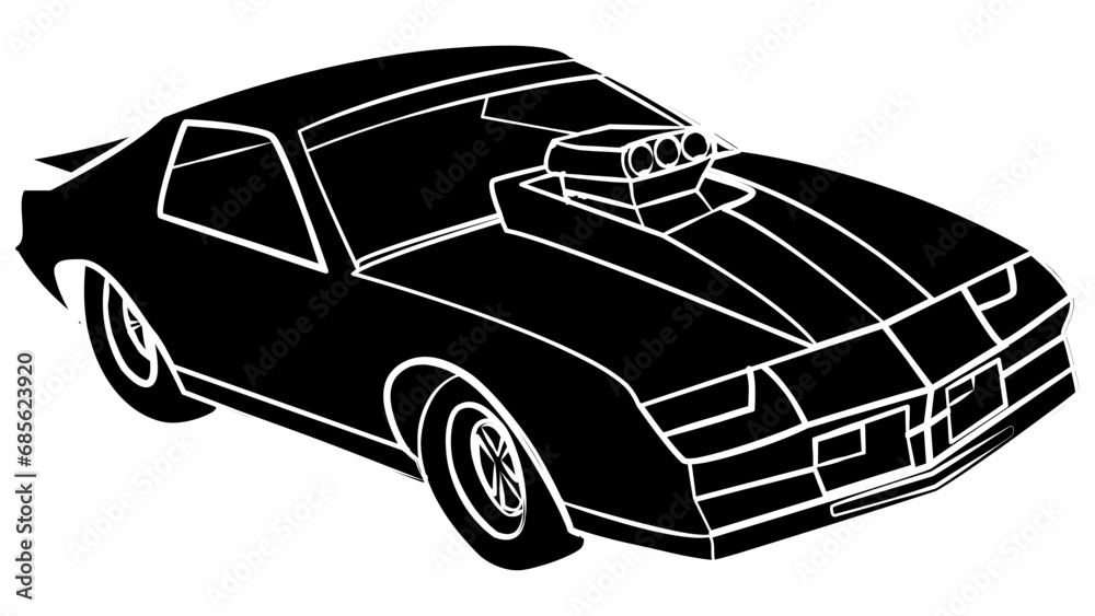 Naklejka premium Silhouette of isometric muscle car for drag racing with large racing carburetor on the hood isolated on white. Clipart.