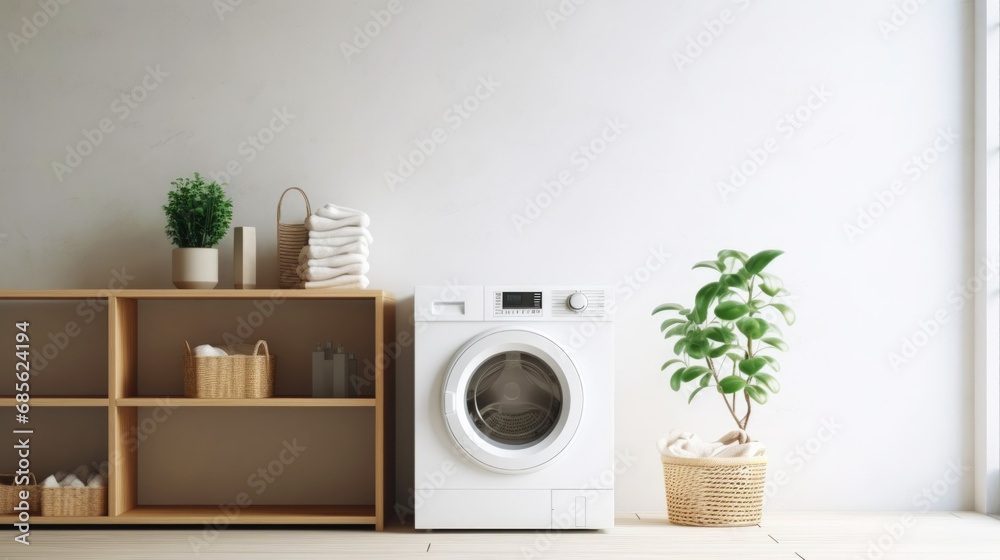 Interior of modern home laundry room with washing machine. Light tones. Generative AI Interior of modern home laundry room with washing machine. Light tones. Generative AI