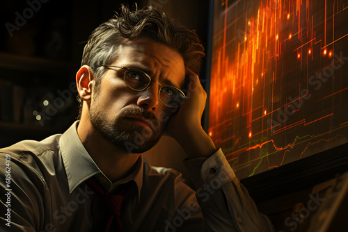Pensive man at a computer monitor rests his head on his hand generated AI