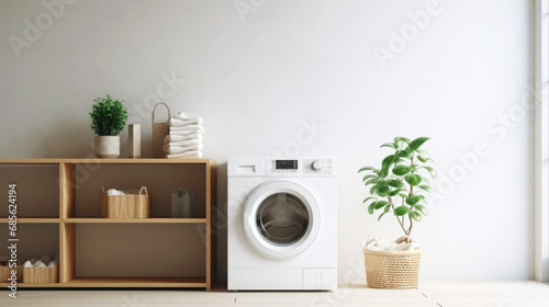 Interior of modern home laundry room with washing machine. Light tones. Generative AI © AngrySun