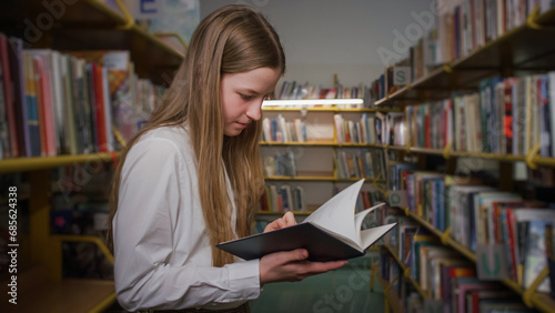 Teenage girl taking a book from a bookshelf in the school library. Education learning concept.