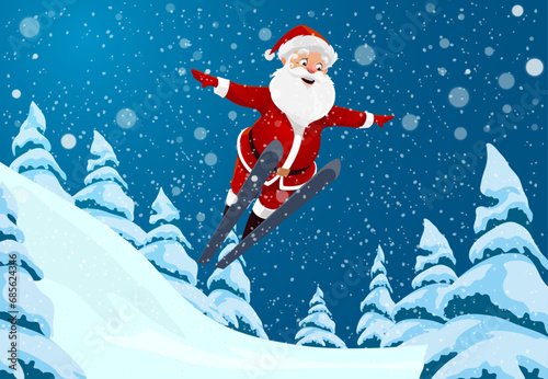 Christmas Santa jumps from springboard with ski flying over winter forest in snow, holiday cartoon vector background. Christmas and New Year winter holiday greeting card with Santa skiing and jumping