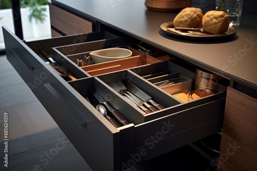 Close-up of an open drawer in a modern minimalist kitchen with walnut cabinets and stone countertops. A set of cutlery trays in a kitchen drawer. Inserts for cutlery made of solid oak.