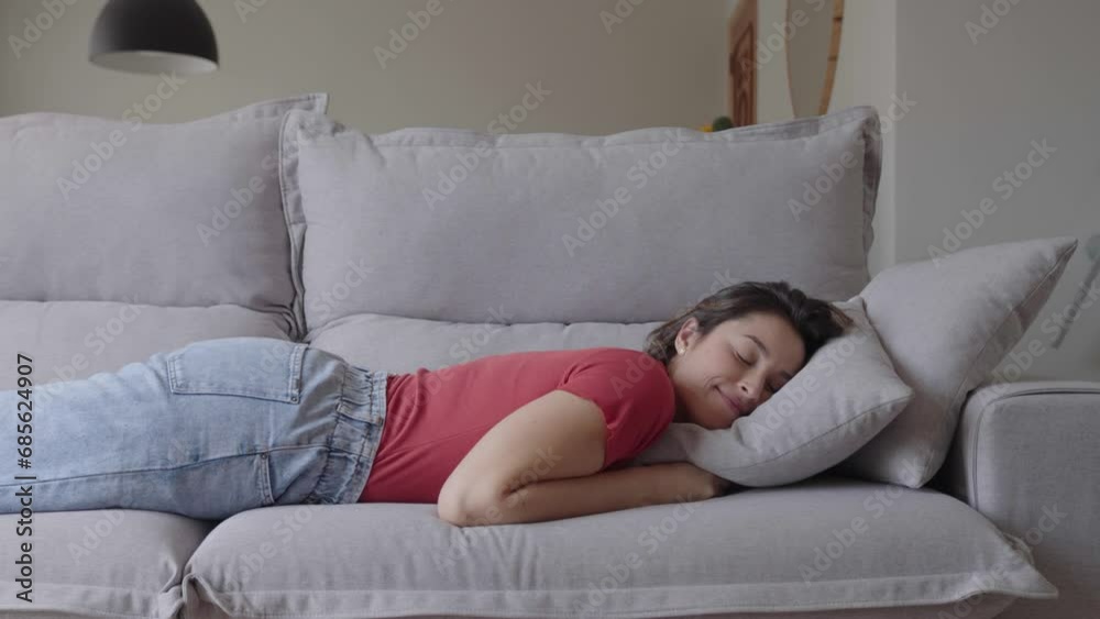 Exhausted or bored young sleepy woman falls down on sofa. Apathetic tired lazy lady sleeping on couch at home alone. Funny girl lying asleep feeling lack of motivation, fatigue or depression concept
Exhausted or bored young sleepy woman falls down on sofa. Apathetic tired lazy lady sleeping on couch at home alone. Funny girl lying asleep feeling lack of motivation, fatigue or depression concept