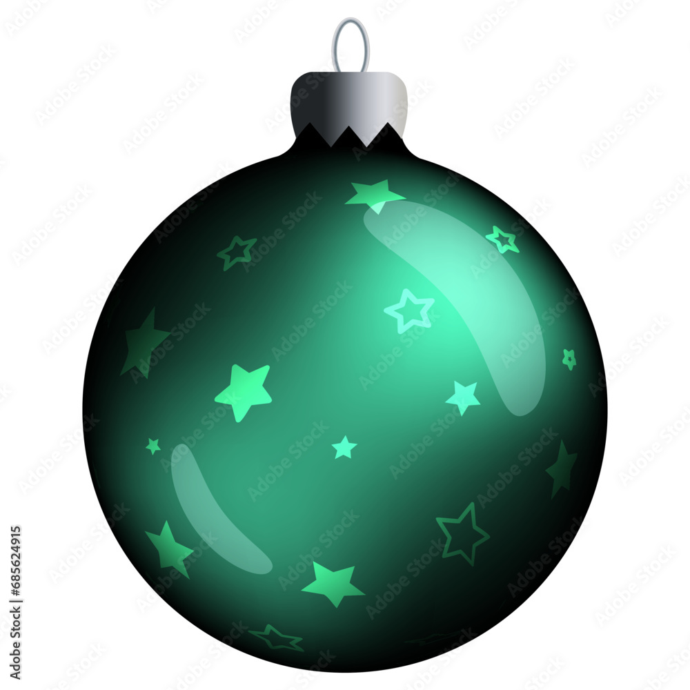 Realistic round Christmas ball with green gradient, stars and flares isolated on a white background. Clipart for christmas tree. Realistic round Christmas ball with green gradient, stars and flares isolated on a white background. Clipart for christmas tree.