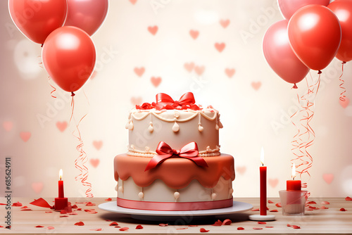 light pastel-colored birthday background with a cake and candles on the right side of the image. Decorate the left side of the image with balloon confetti decorations
