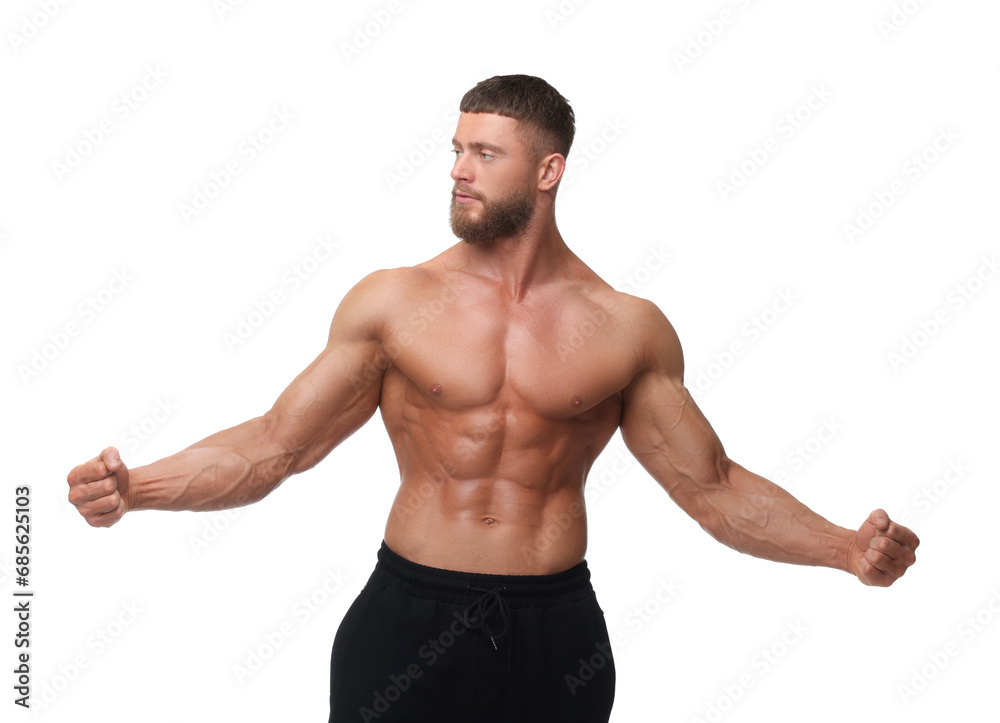 Young bodybuilder with muscular body on white background