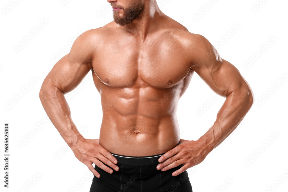 Young bodybuilder with muscular body on white background, closeup Young bodybuilder with muscular body on white background, closeup