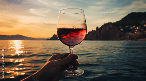 Close-up of a glass of red wine in a hand against of sea sunset backdrop. Romantic trip concept. Generative AI