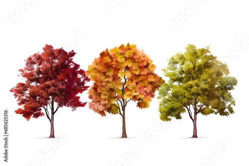 Seasonal colors trees isolated on white background. Generative AI.