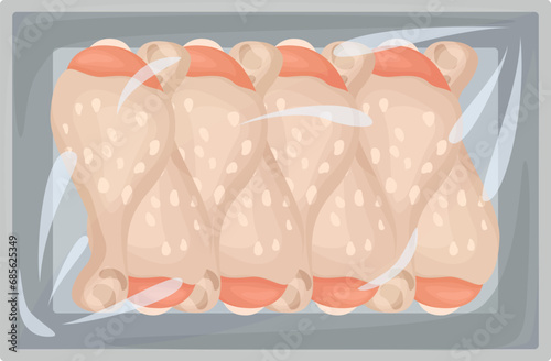 Frozen chicken drumsticks pack poultry raw part on plastic tray polystyrene top view vector flat