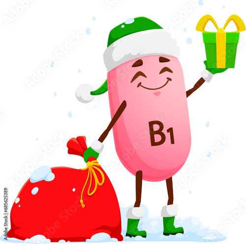 Christmas vitamin B1 in Santa hat with gifts in bag, vector cartoon character for winter holiday. Funny happy vitamin B1 or micronutrient pill holding Christmas giftbox with ribbon for New Year